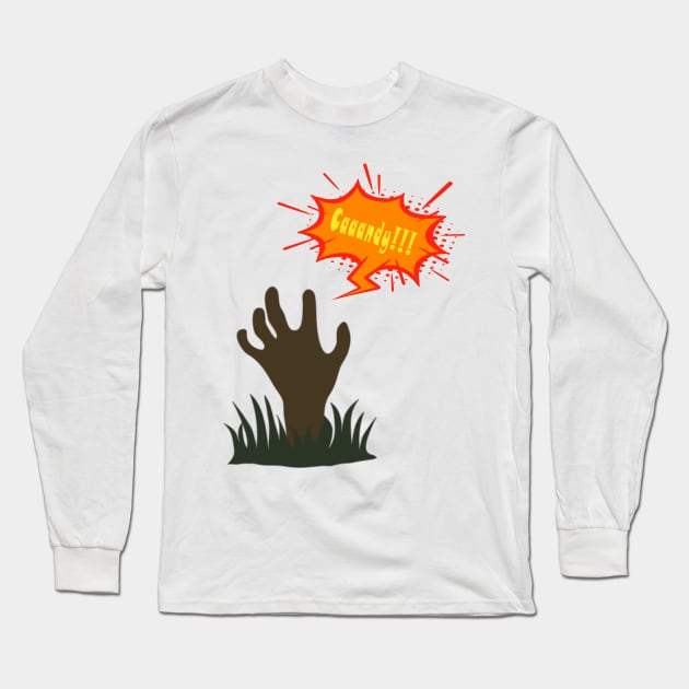 Zombie hand out of the ground asking for candy for Halloween Long Sleeve T-Shirt by SPJE Illustration Photography